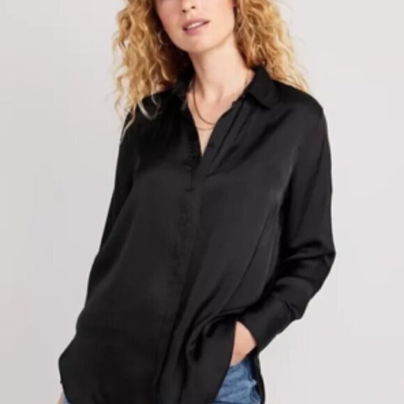 NWT OLD NAVY Black Satin Loose Fit Oversized Boyfriend Button Down Blouse XS/S - Picture 2 of 14
